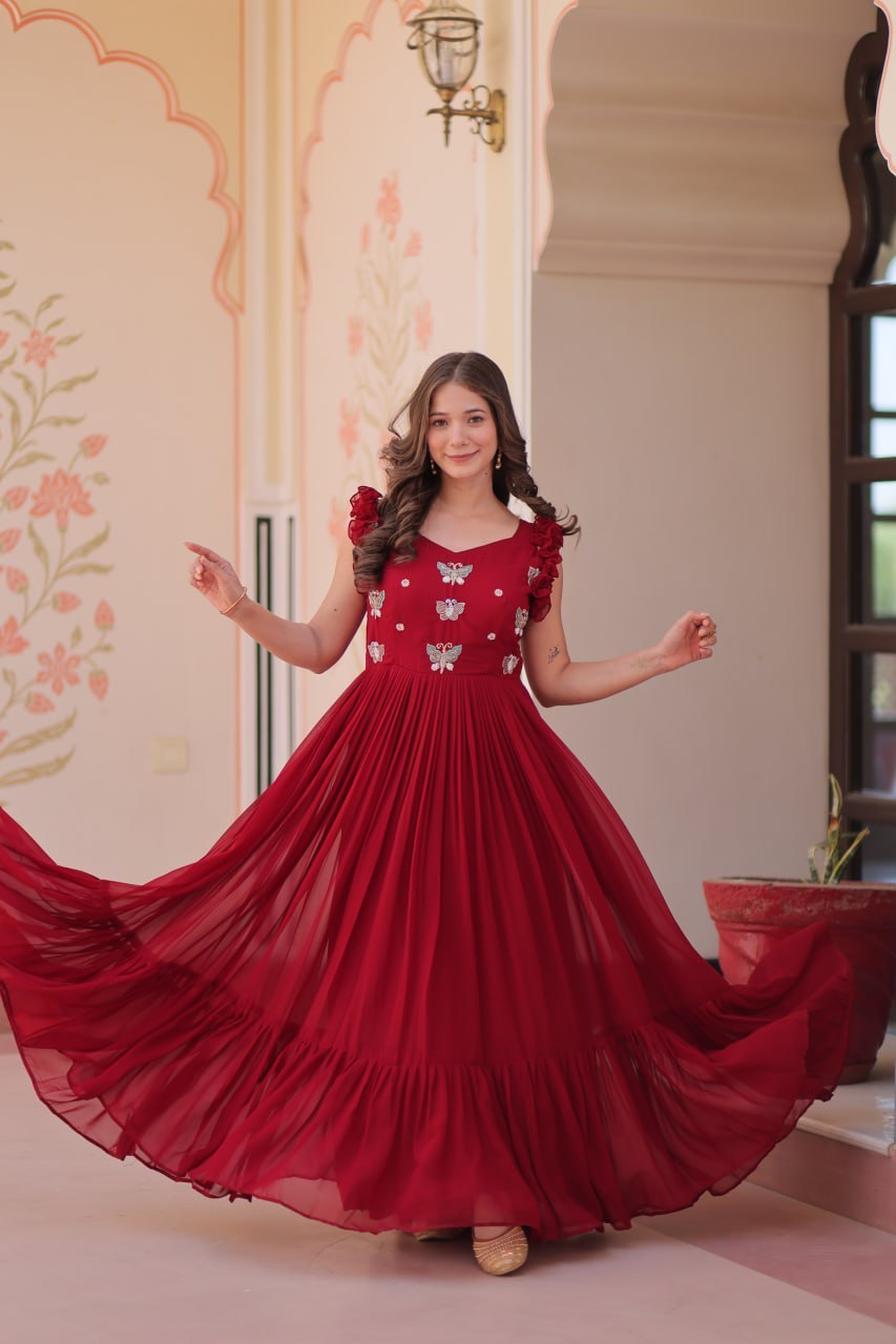 Ruby Red Butterfly Embroidered Ruffle Flare Anarkali Gown
