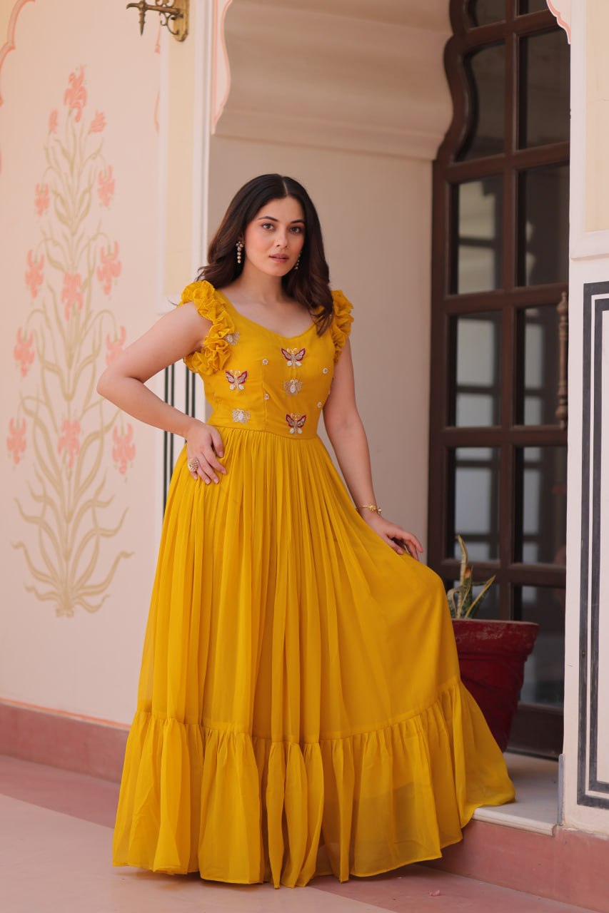 Mustard Yellow Contemporary Anarkali with Butterfly Embroidery
