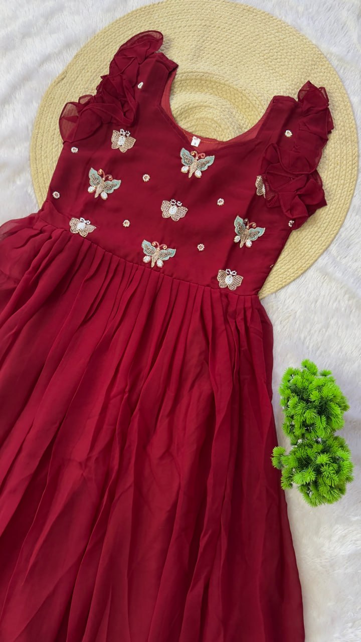 Ruby Red Butterfly Embroidered Ruffle Flare Anarkali Gown