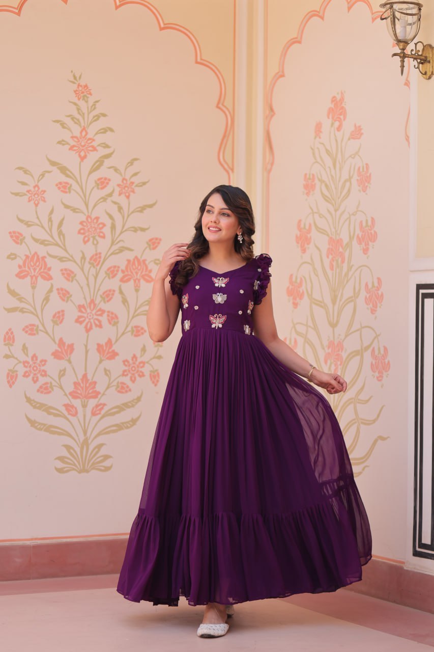 Royal Purple Butterfly Embroidered Ruffle Anarkali Gown