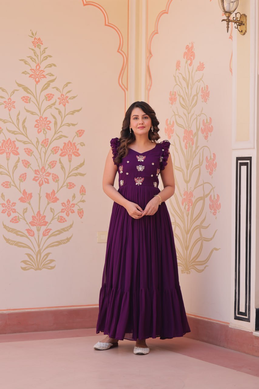 Royal Purple Butterfly Embroidered Ruffle Anarkali Gown