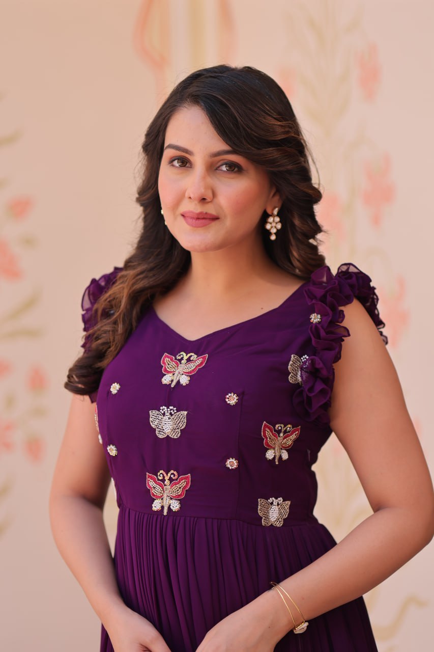Royal Purple Butterfly Embroidered Ruffle Anarkali Gown