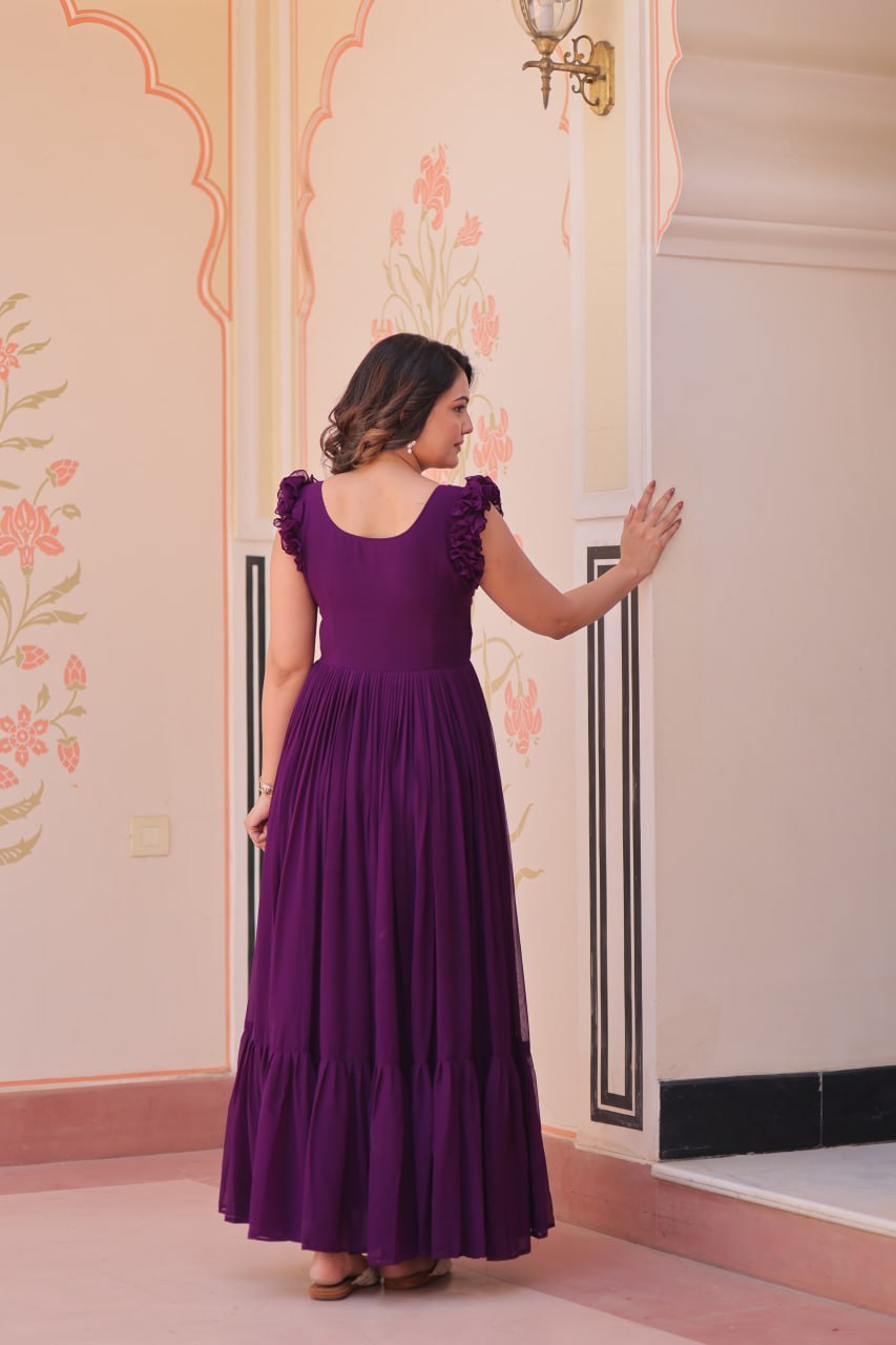 Royal Purple Butterfly Embroidered Ruffle Anarkali Gown