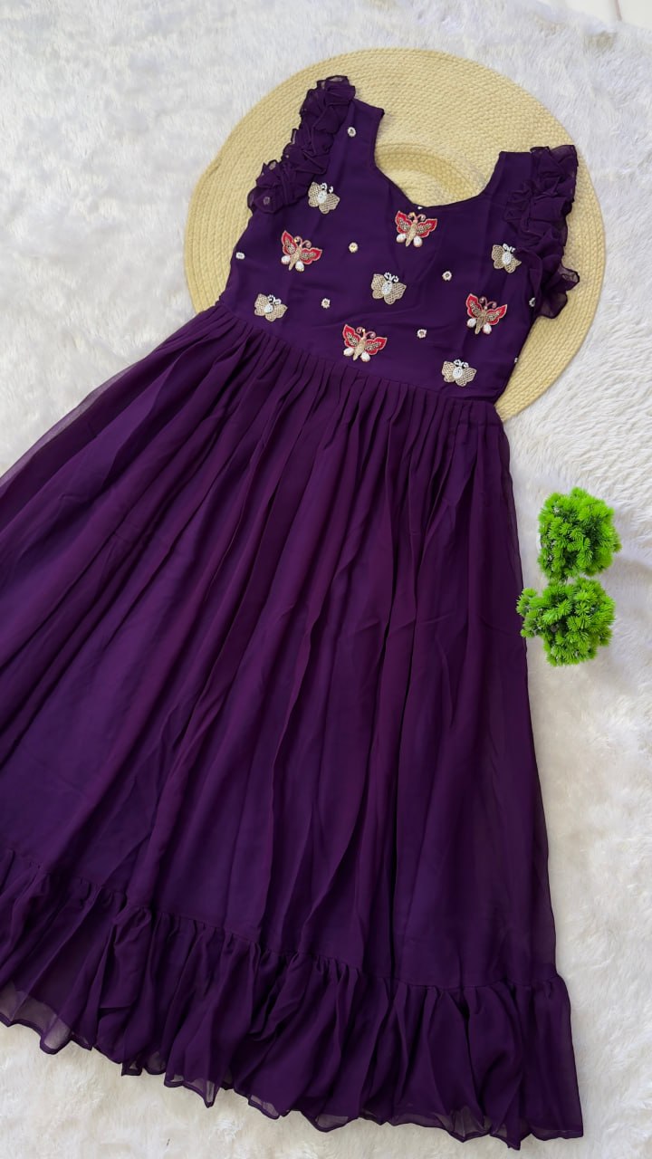 Royal Purple Butterfly Embroidered Ruffle Anarkali Gown