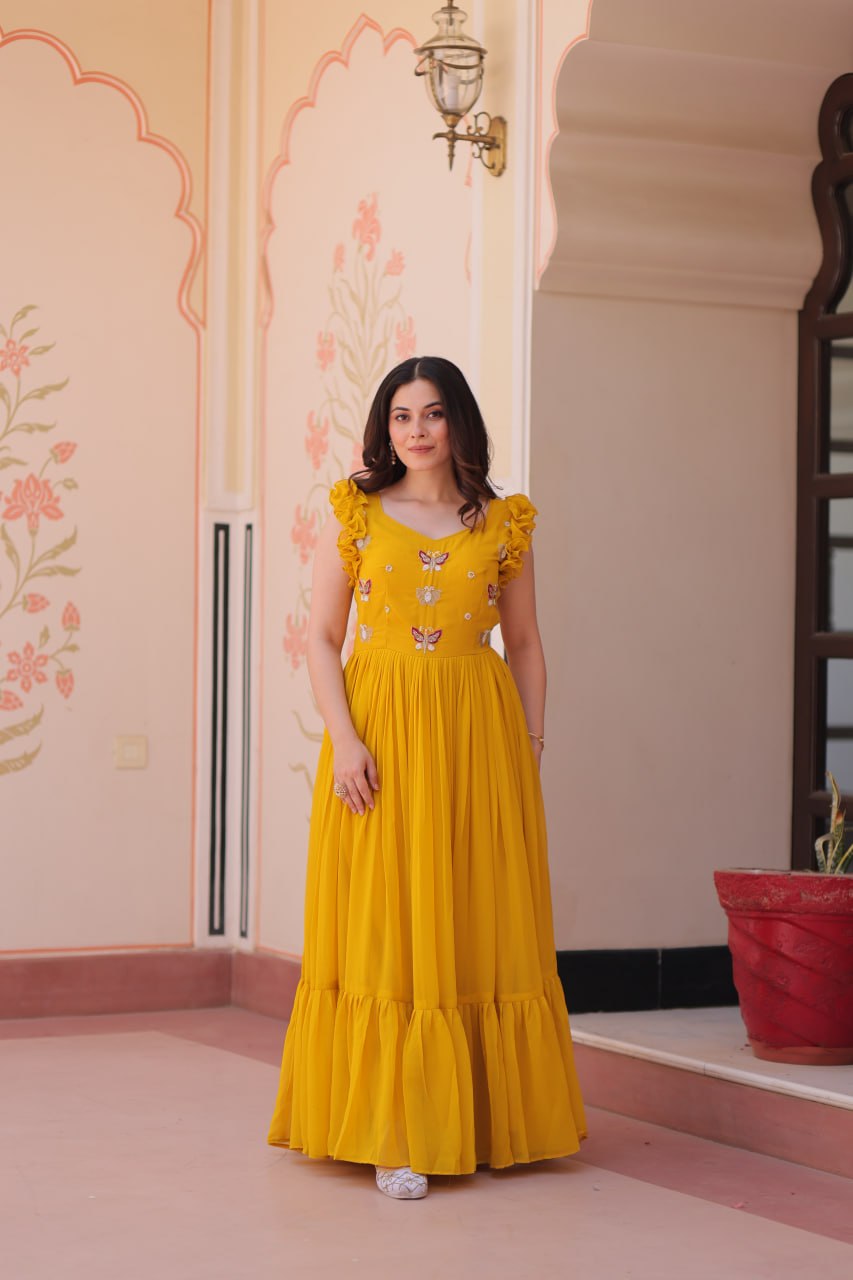 Mustard Yellow Contemporary Anarkali with Butterfly Embroidery