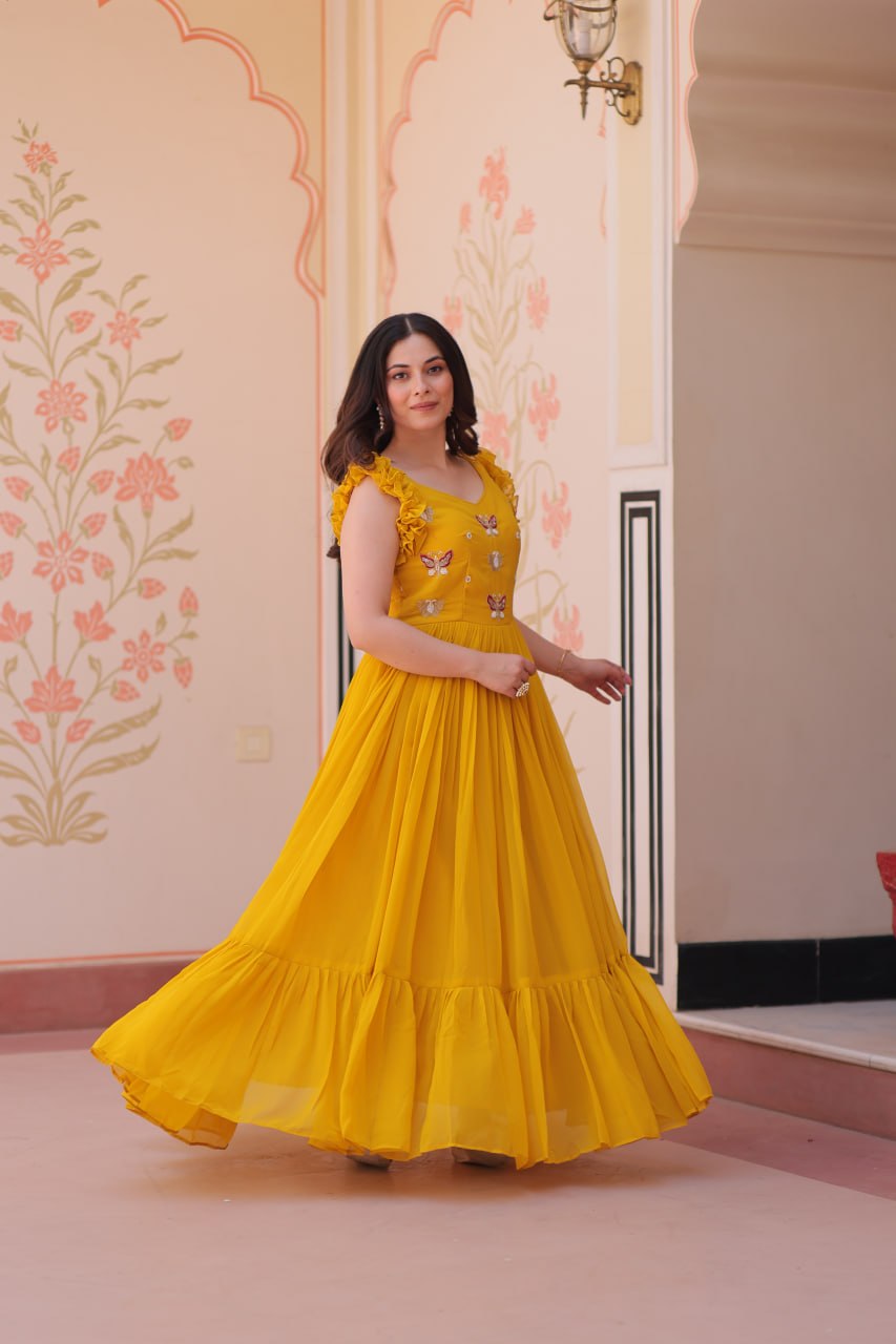 Mustard Yellow Contemporary Anarkali with Butterfly Embroidery