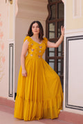 Mustard Yellow Contemporary Anarkali with Butterfly Embroidery