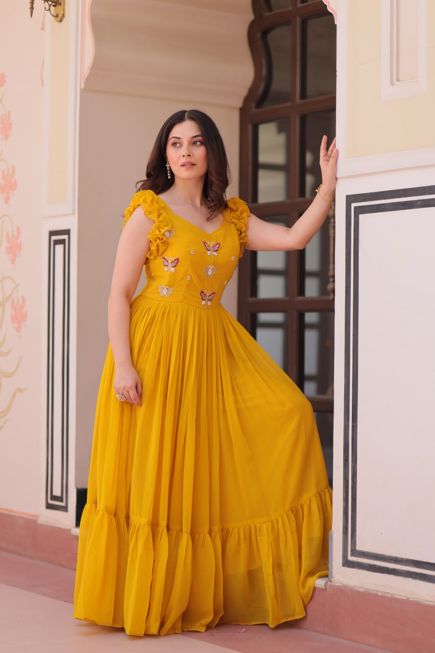 Mustard Yellow Contemporary Anarkali with Butterfly Embroidery