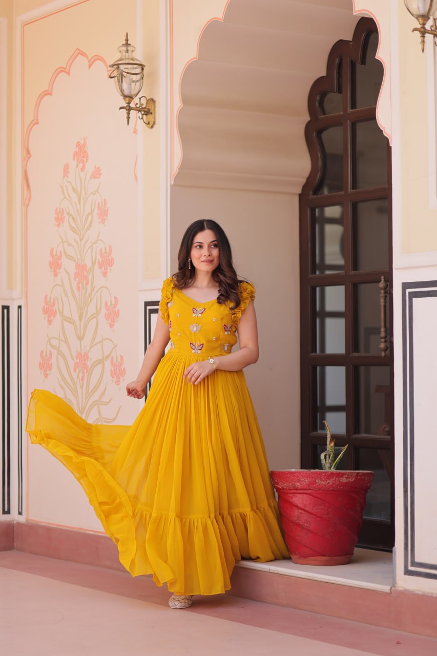 Mustard Yellow Contemporary Anarkali with Butterfly Embroidery
