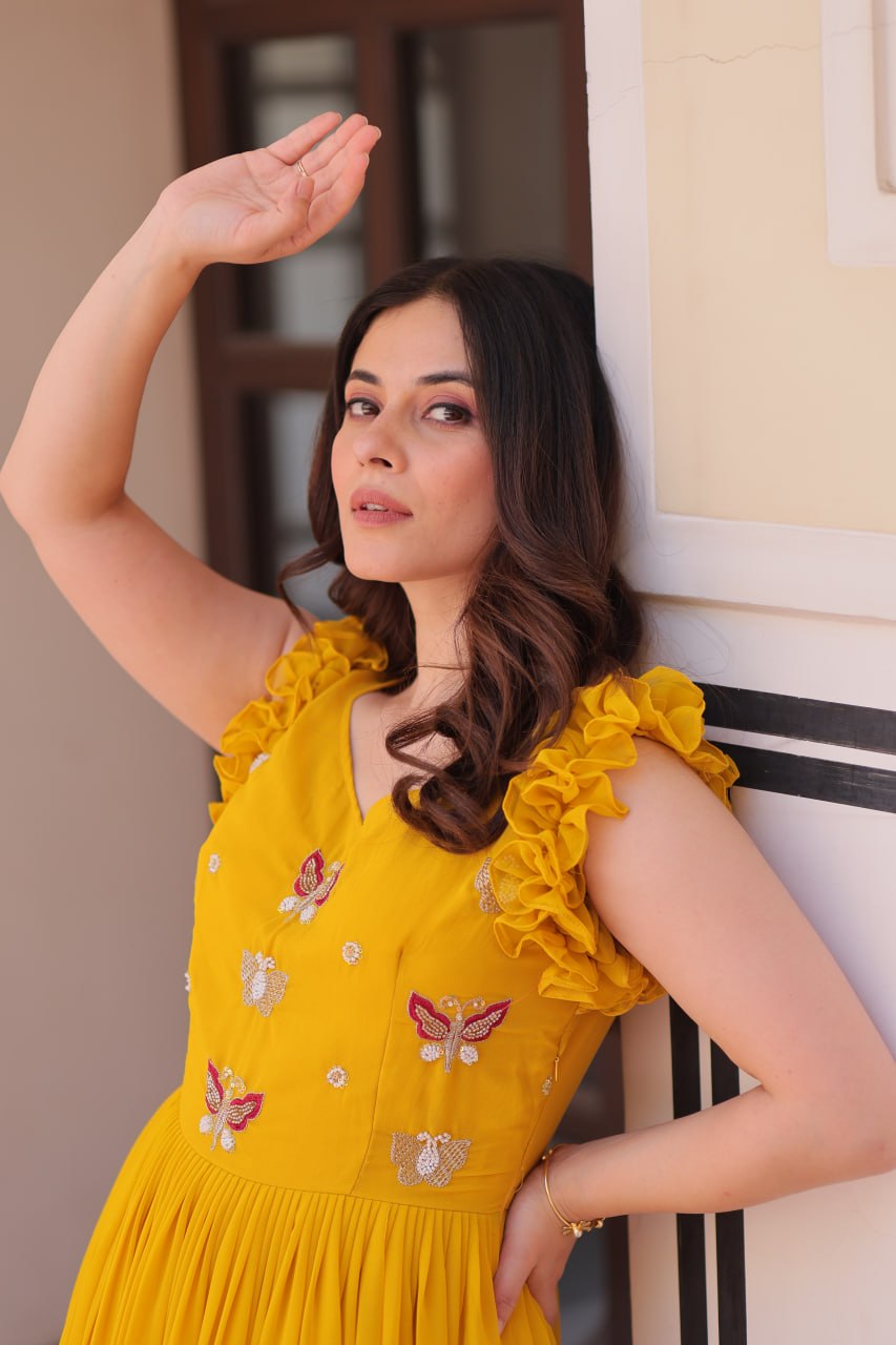Mustard Yellow Contemporary Anarkali with Butterfly Embroidery
