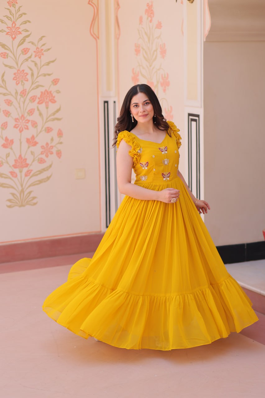 Mustard Yellow Contemporary Anarkali with Butterfly Embroidery