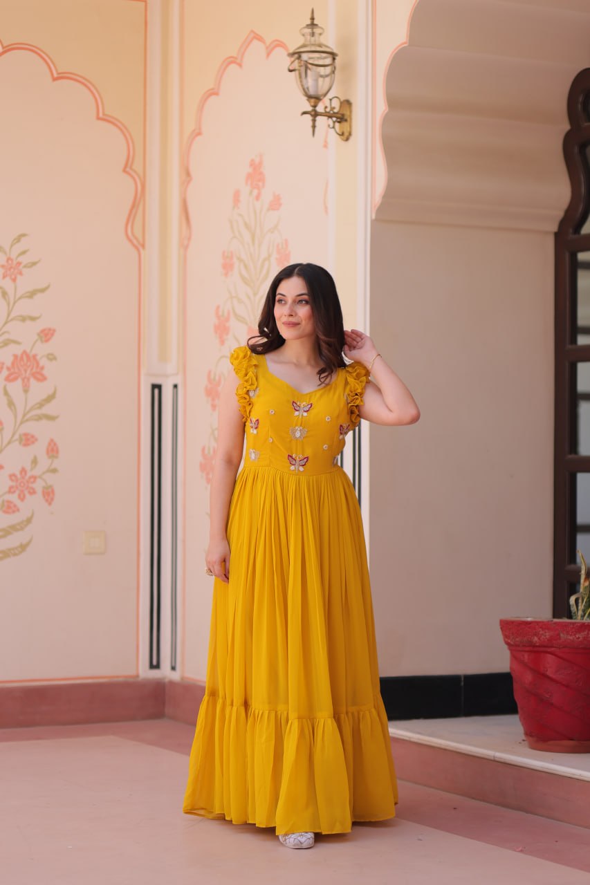 Mustard Yellow Contemporary Anarkali with Butterfly Embroidery