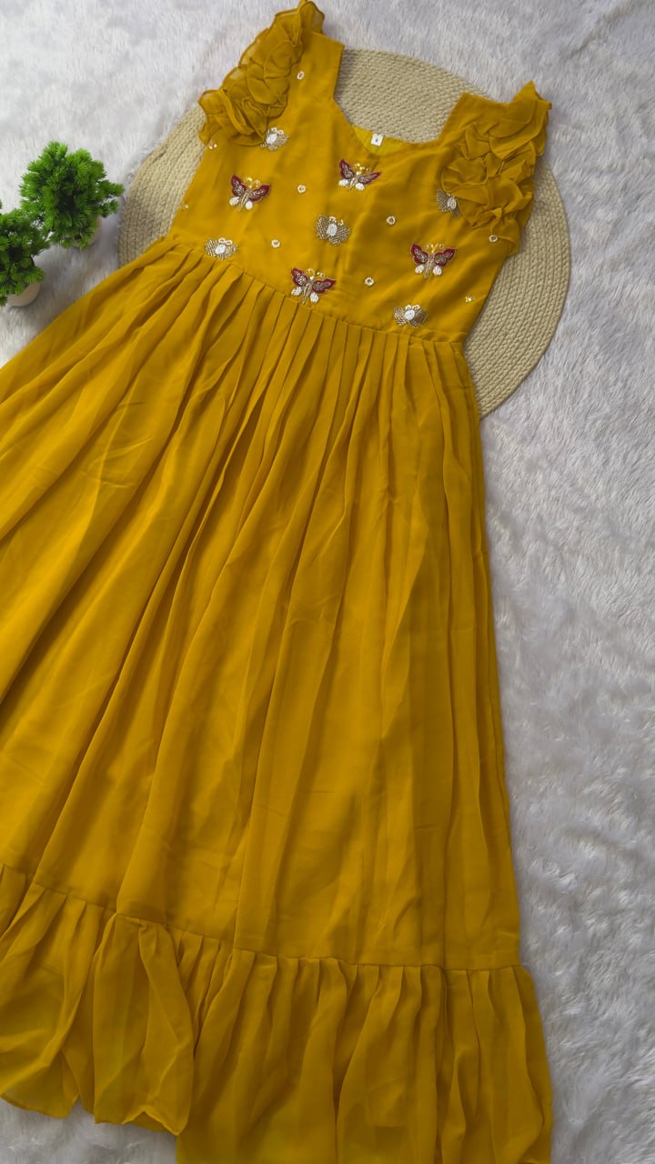 Mustard Yellow Contemporary Anarkali with Butterfly Embroidery