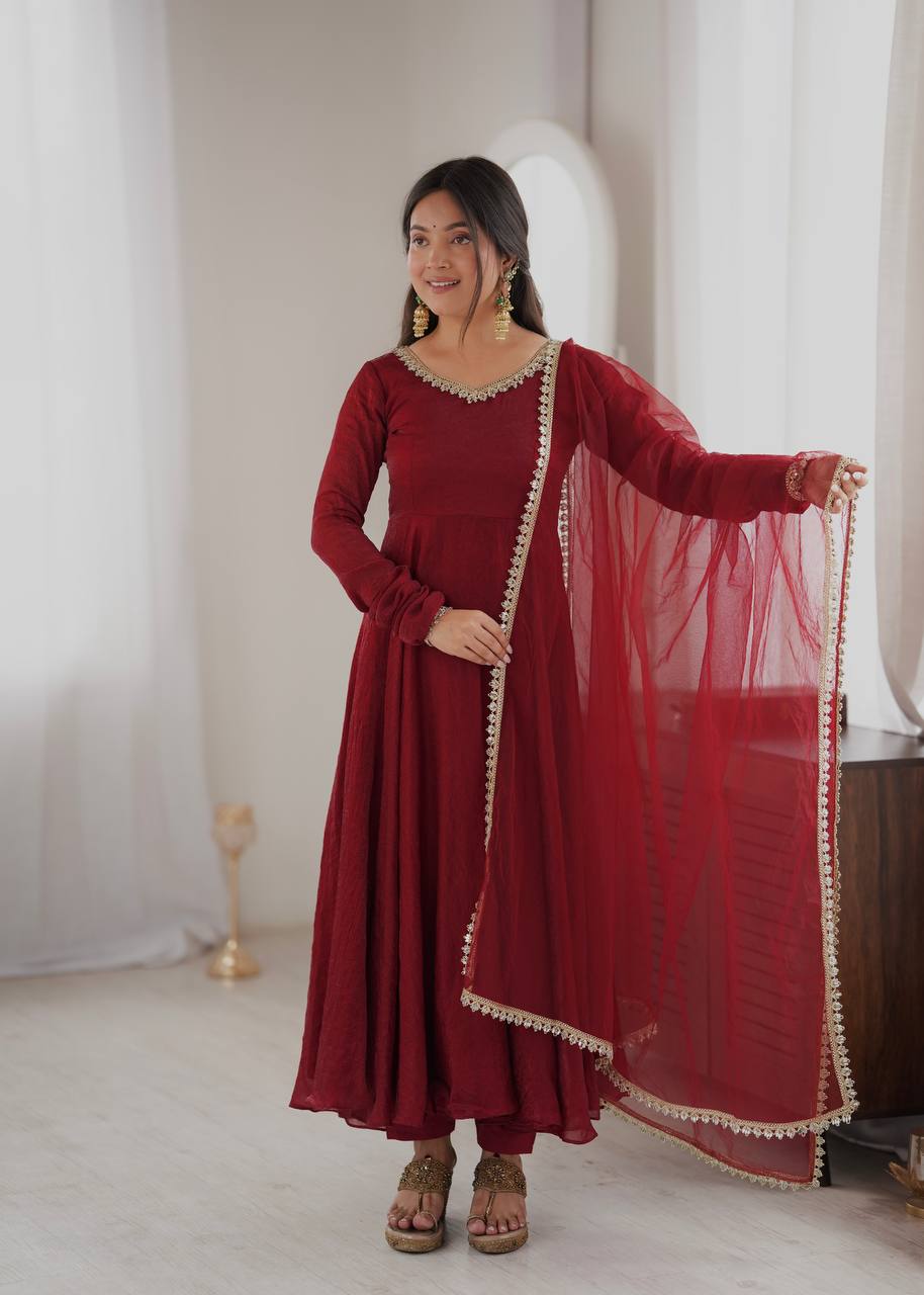 Elegant Wine Red Silk Anarkali Gown with Embellished Neckline & Sheer Dupatta
