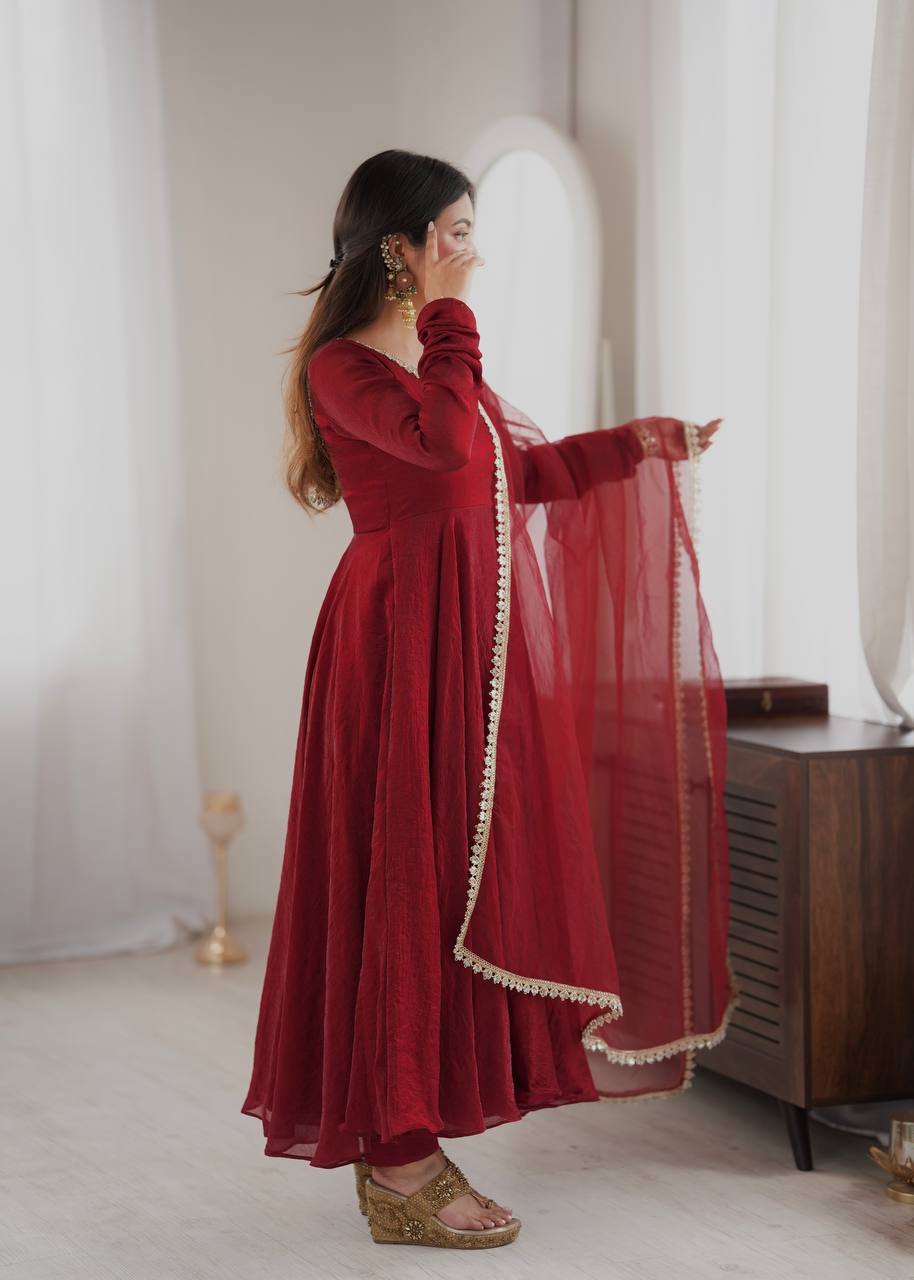 Elegant Wine Red Silk Anarkali Gown with Embellished Neckline & Sheer Dupatta