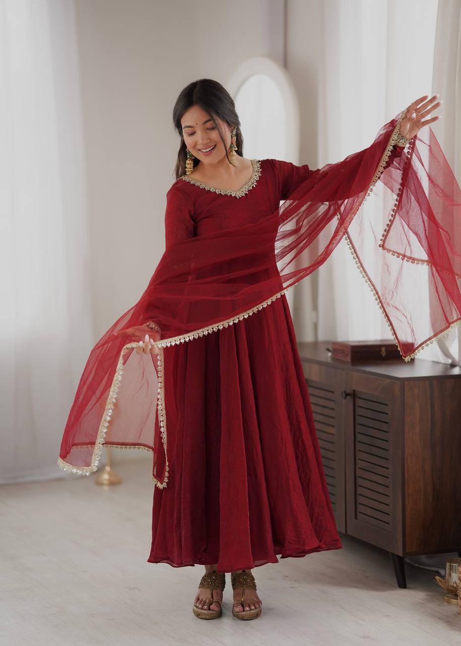 Elegant Wine Red Silk Anarkali Gown with Embellished Neckline & Sheer Dupatta