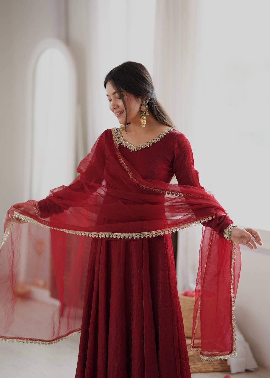Elegant Wine Red Silk Anarkali Gown with Embellished Neckline & Sheer Dupatta