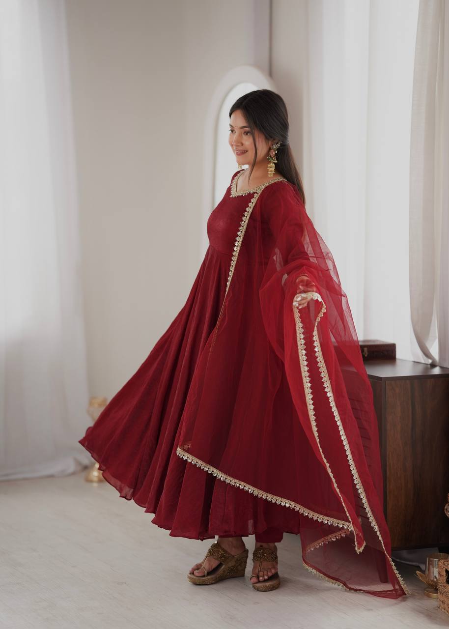 Elegant Wine Red Silk Anarkali Gown with Embellished Neckline & Sheer Dupatta