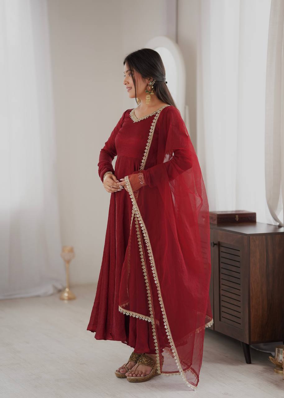 Elegant Wine Red Silk Anarkali Gown with Embellished Neckline & Sheer Dupatta