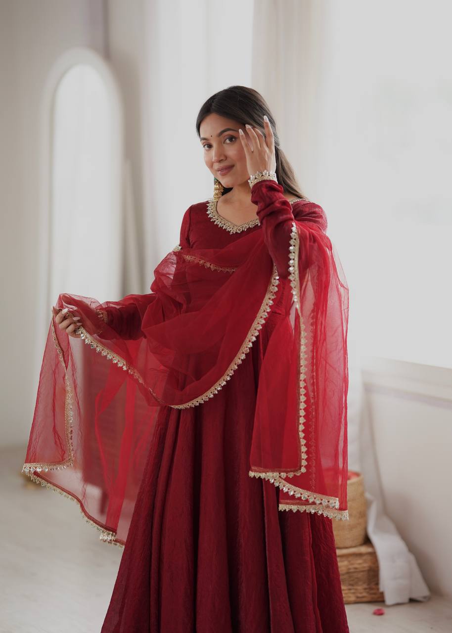 Elegant Wine Red Silk Anarkali Gown with Embellished Neckline & Sheer Dupatta