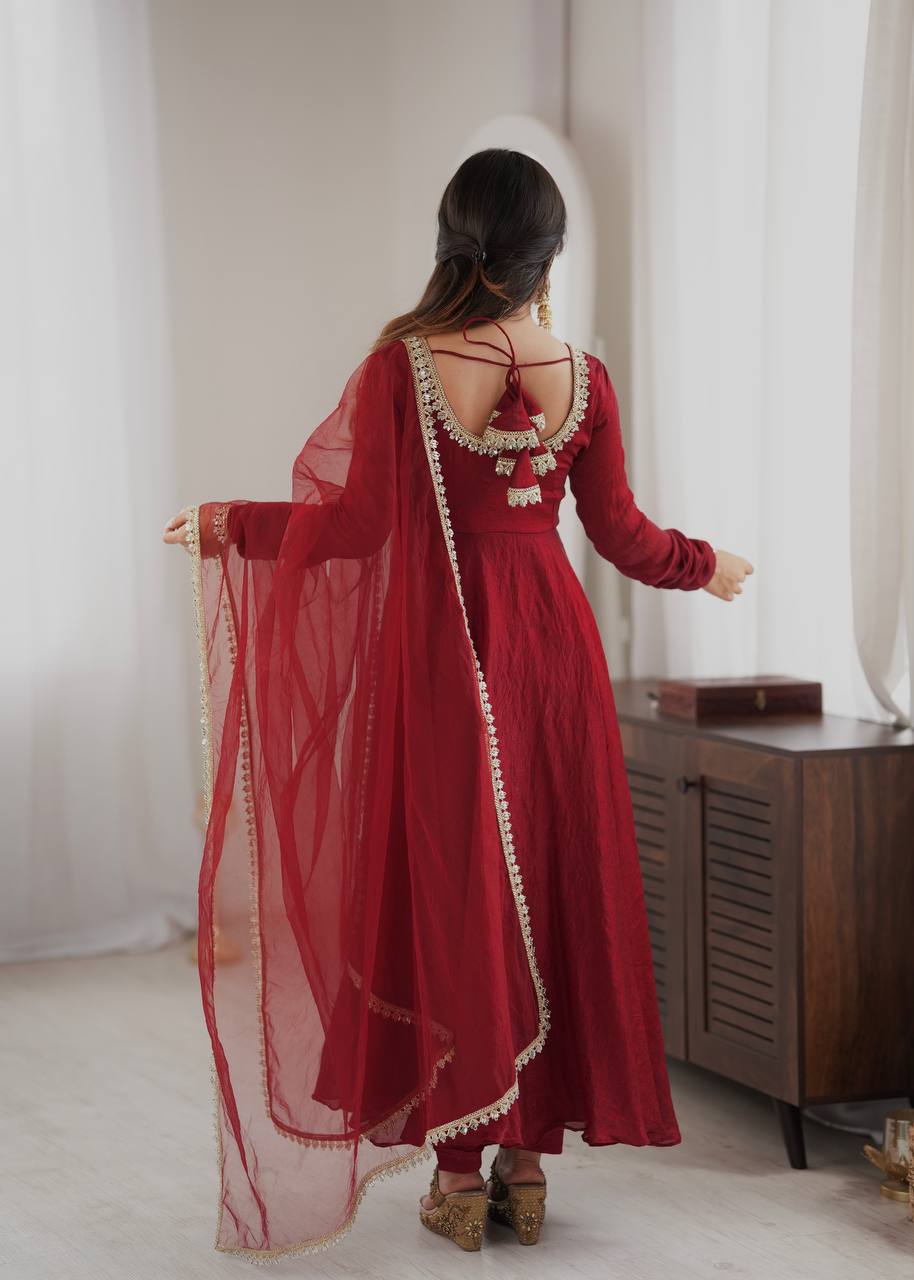 Elegant Wine Red Silk Anarkali Gown with Embellished Neckline & Sheer Dupatta