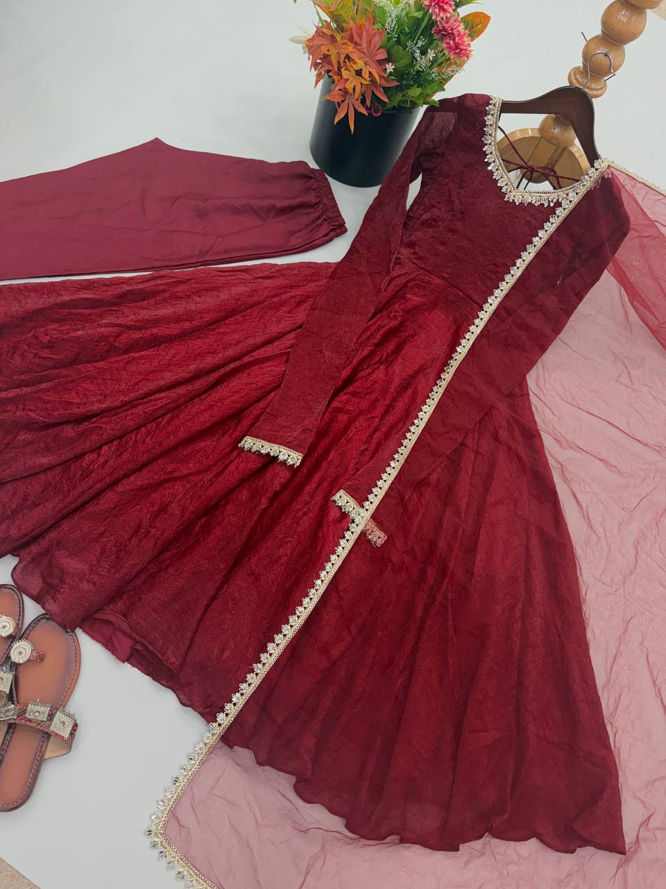 Elegant Wine Red Silk Anarkali Gown with Embellished Neckline & Sheer Dupatta