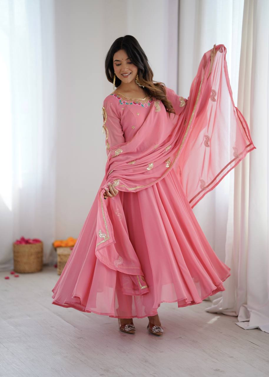 Blush Pink Georgette Anarkali Gown with Multicolour Embroidered Neckline, Delicate Butti Detailing & Sheer Printed Dupatta