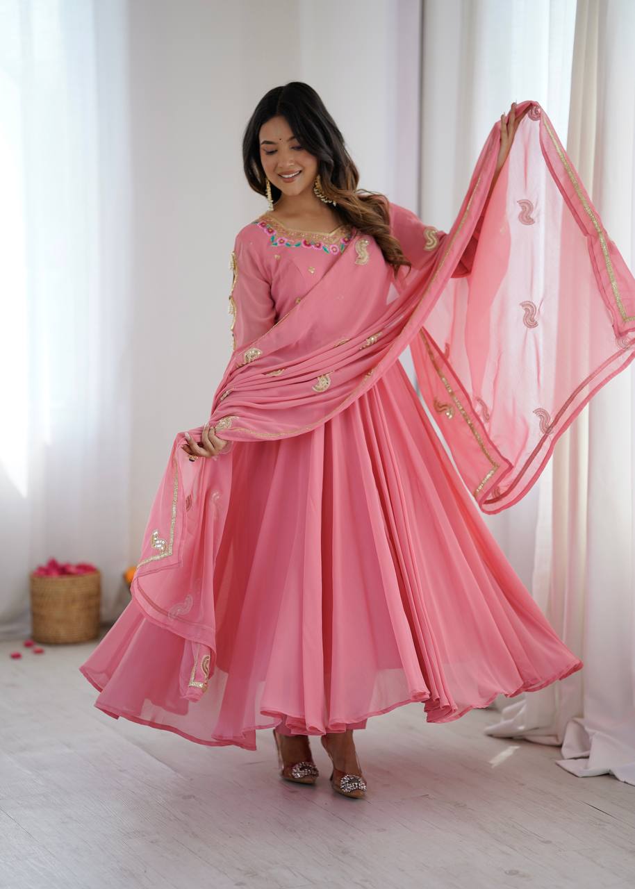 Blush Pink Georgette Anarkali Gown with Multicolour Embroidered Neckline, Delicate Butti Detailing & Sheer Printed Dupatta