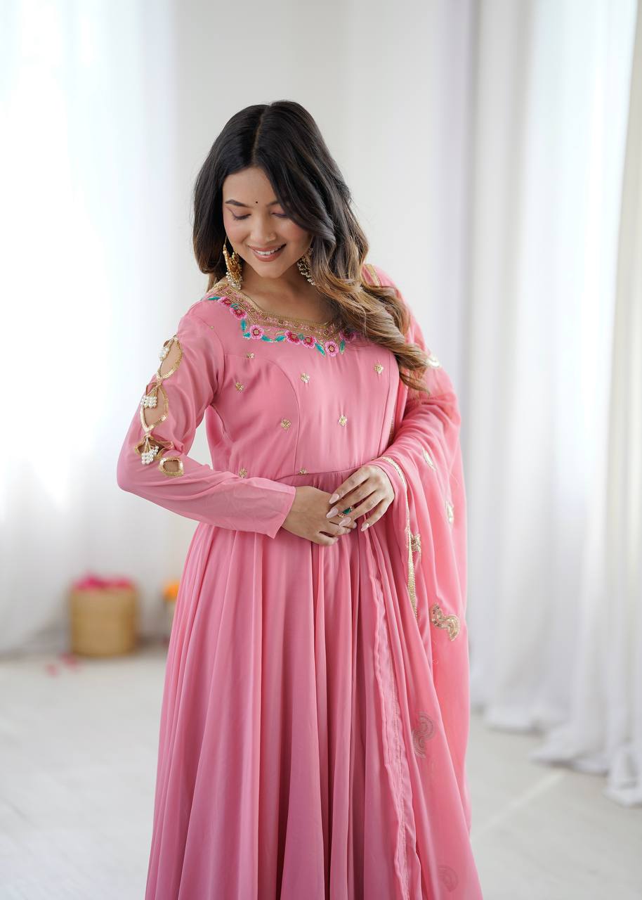 Blush Pink Georgette Anarkali Gown with Multicolour Embroidered Neckline, Delicate Butti Detailing & Sheer Printed Dupatta
