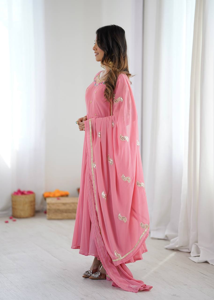 Blush Pink Georgette Anarkali Gown with Multicolour Embroidered Neckline, Delicate Butti Detailing & Sheer Printed Dupatta