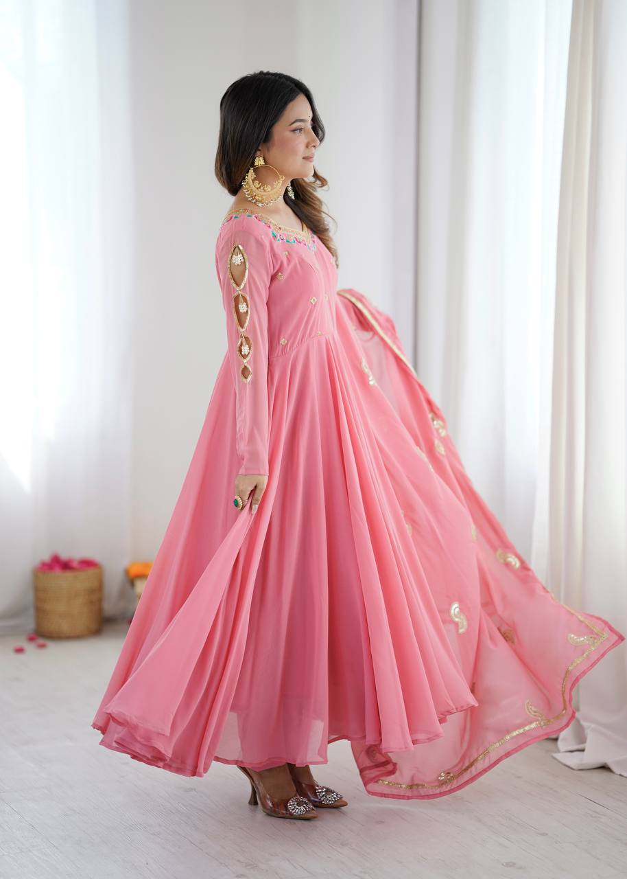 Blush Pink Georgette Anarkali Gown with Multicolour Embroidered Neckline, Delicate Butti Detailing & Sheer Printed Dupatta