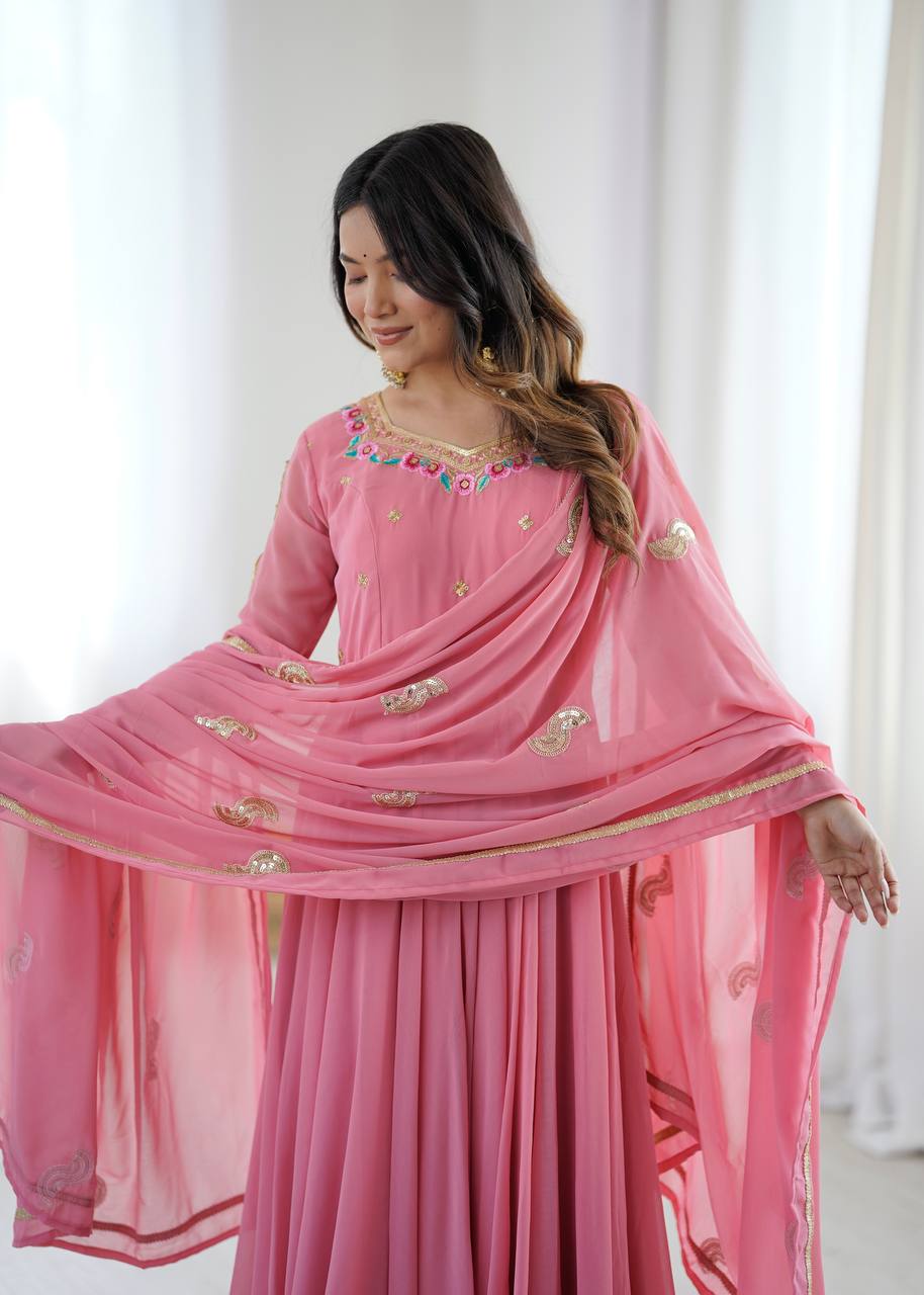 Blush Pink Georgette Anarkali Gown with Multicolour Embroidered Neckline, Delicate Butti Detailing & Sheer Printed Dupatta