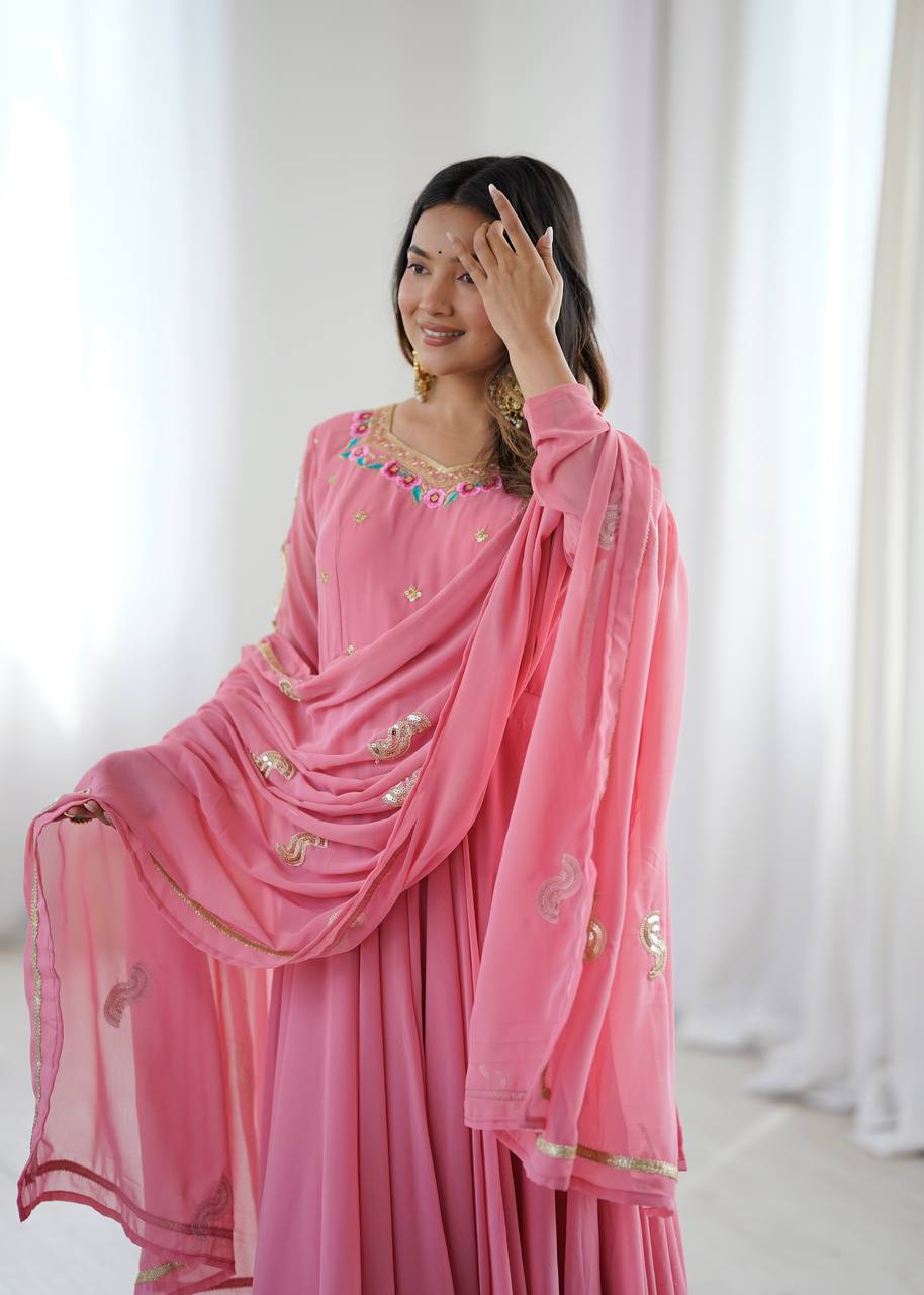 Blush Pink Georgette Anarkali Gown with Multicolour Embroidered Neckline, Delicate Butti Detailing & Sheer Printed Dupatta