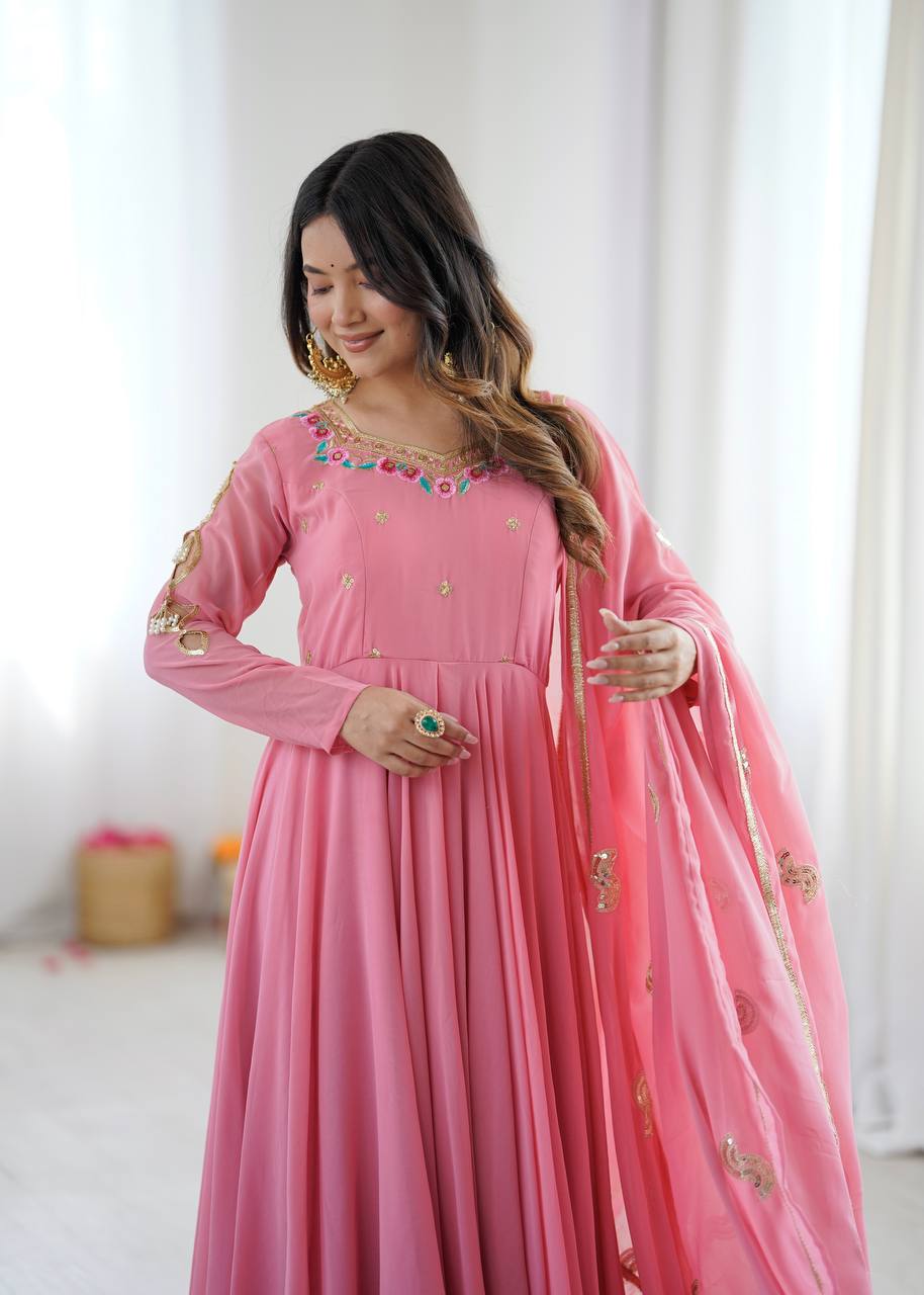 Blush Pink Georgette Anarkali Gown with Multicolour Embroidered Neckline, Delicate Butti Detailing & Sheer Printed Dupatta