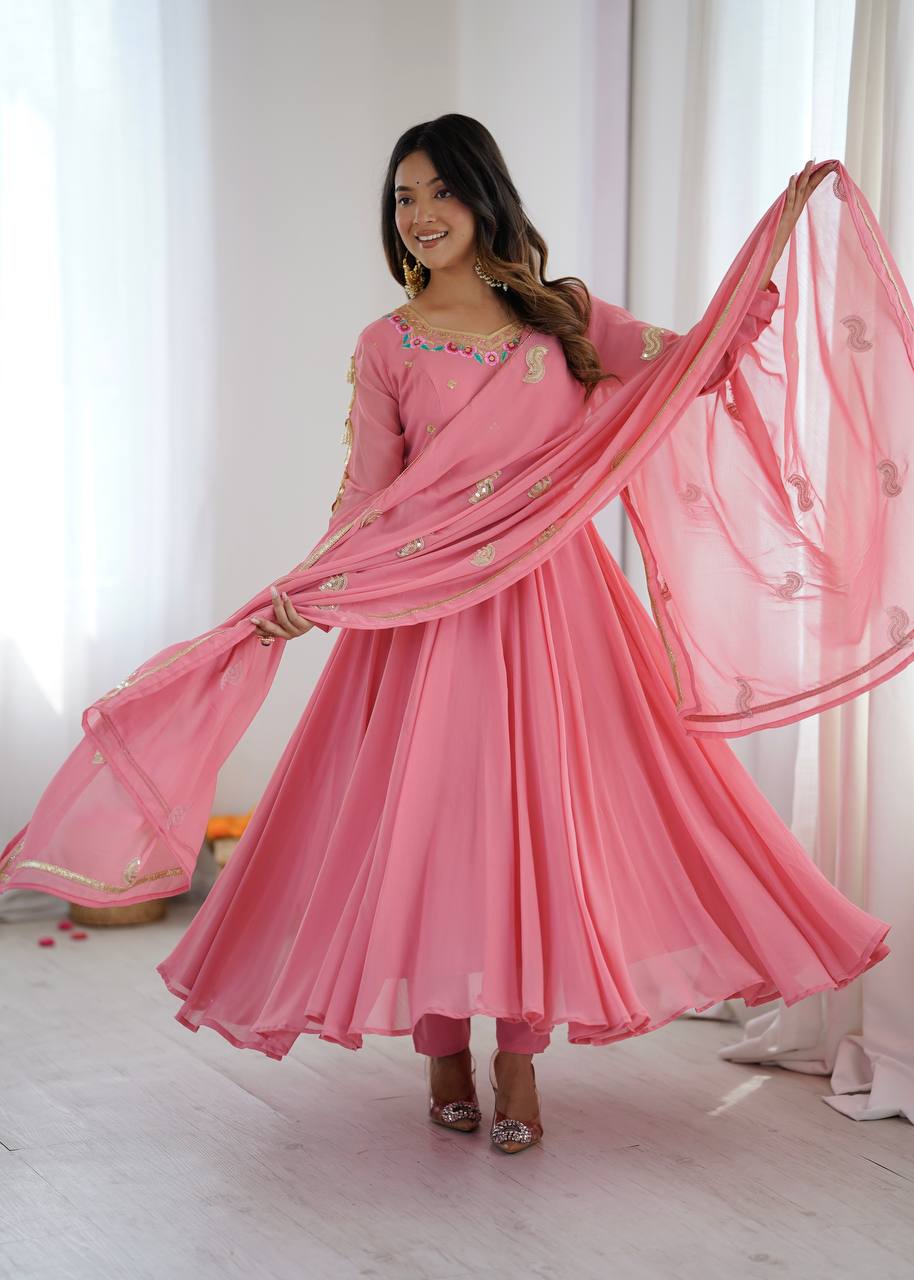 Blush Pink Georgette Anarkali Gown with Multicolour Embroidered Neckline, Delicate Butti Detailing & Sheer Printed Dupatta