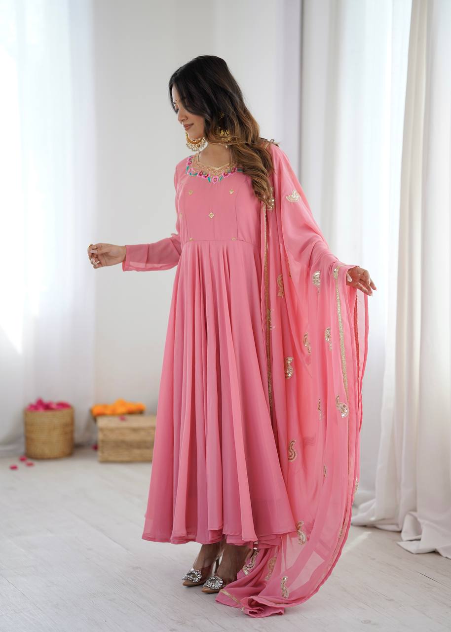 Blush Pink Georgette Anarkali Gown with Multicolour Embroidered Neckline, Delicate Butti Detailing & Sheer Printed Dupatta