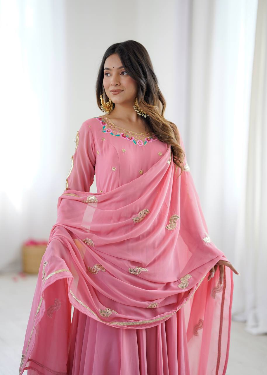 Blush Pink Georgette Anarkali Gown with Multicolour Embroidered Neckline, Delicate Butti Detailing & Sheer Printed Dupatta