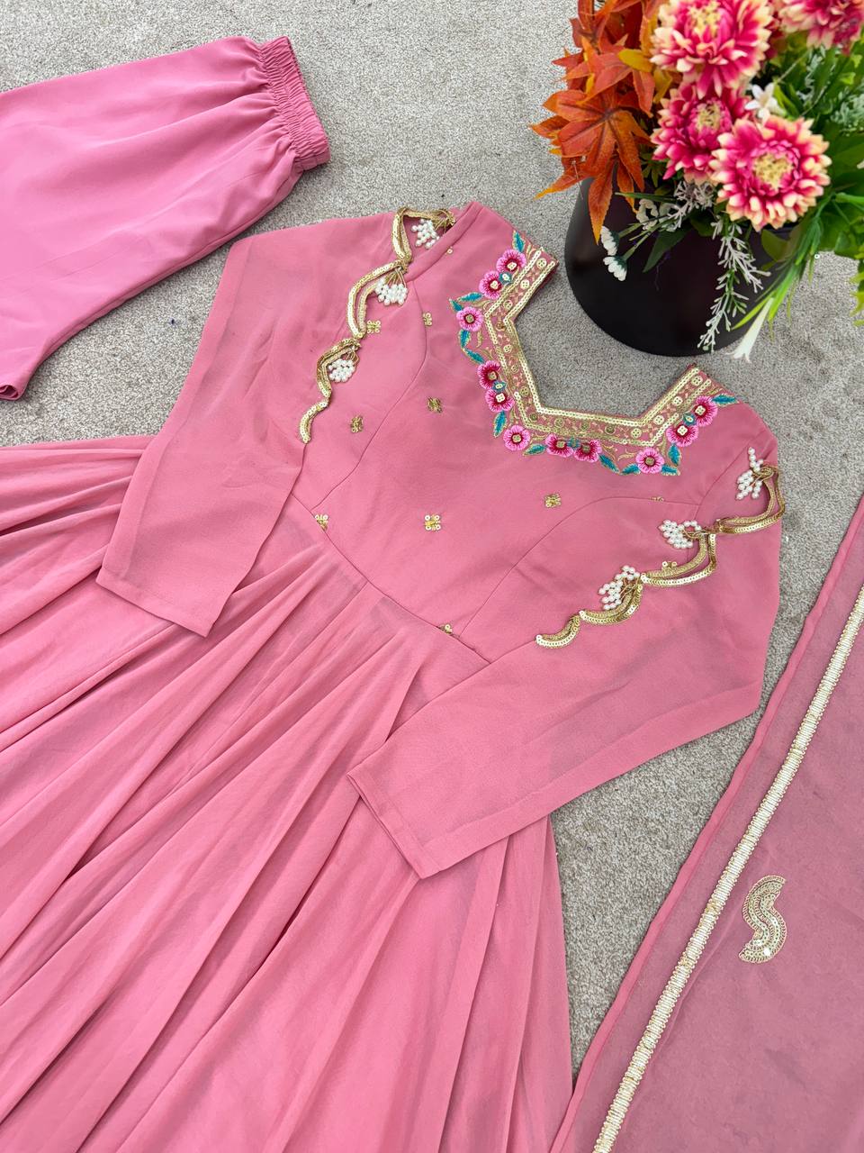 Blush Pink Georgette Anarkali Gown with Multicolour Embroidered Neckline, Delicate Butti Detailing & Sheer Printed Dupatta