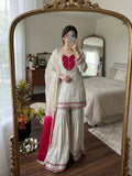 Ivory & Rani Pink Embroidered Sharara Suit Set with Statement Yoke, Intricate Mirror Work, Embellished Borders & Ombre Dupatta