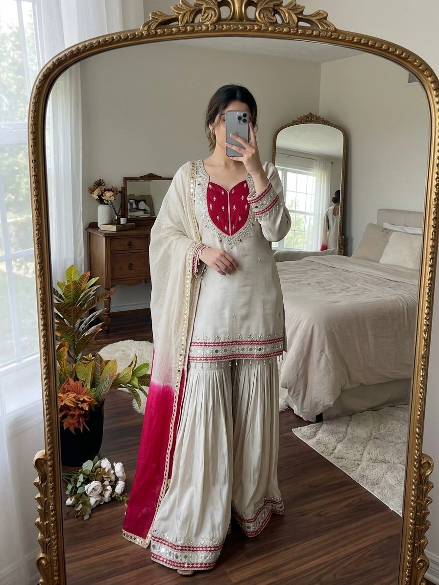 Ivory & Rani Pink Embroidered Sharara Suit Set with Statement Yoke, Intricate Mirror Work, Embellished Borders & Ombre Dupatta
