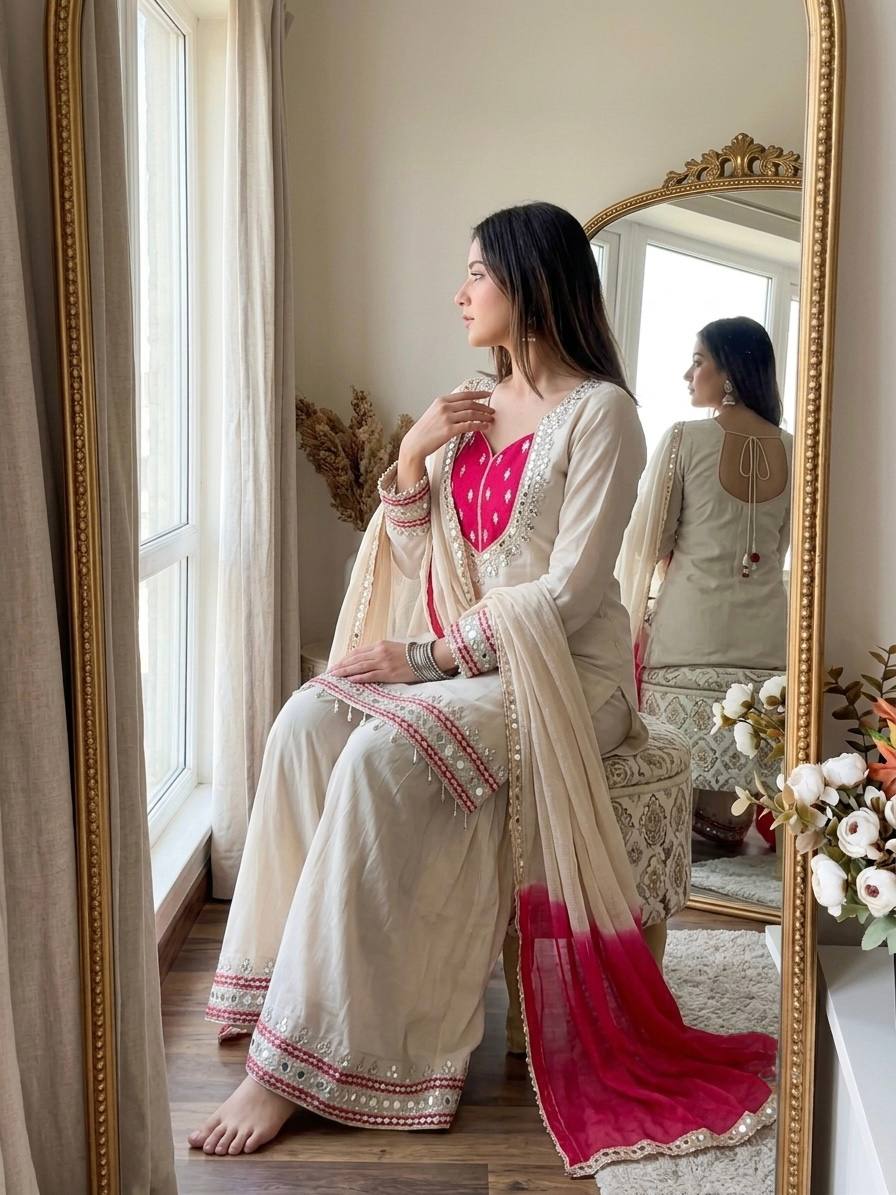 Ivory & Rani Pink Embroidered Sharara Suit Set with Statement Yoke, Intricate Mirror Work, Embellished Borders & Ombre Dupatta
