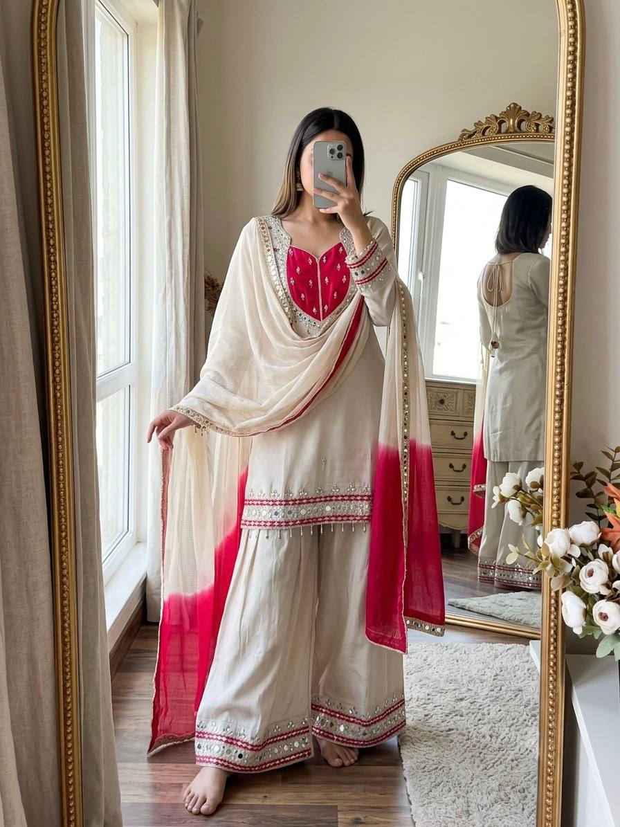 Ivory & Rani Pink Embroidered Sharara Suit Set with Statement Yoke, Intricate Mirror Work, Embellished Borders & Ombre Dupatta