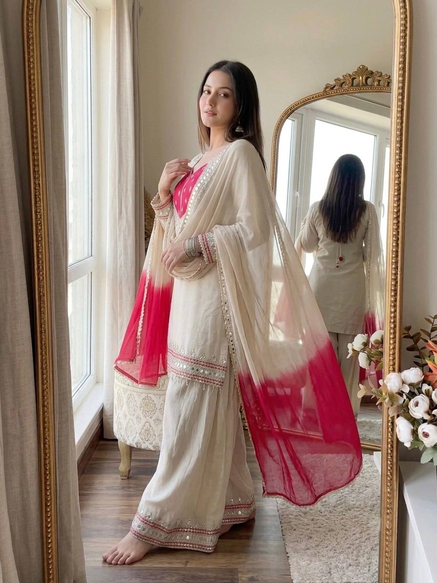 Ivory & Rani Pink Embroidered Sharara Suit Set with Statement Yoke, Intricate Mirror Work, Embellished Borders & Ombre Dupatta