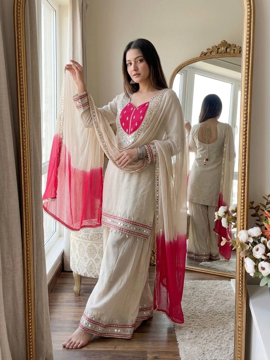 Ivory & Rani Pink Embroidered Sharara Suit Set with Statement Yoke, Intricate Mirror Work, Embellished Borders & Ombre Dupatta