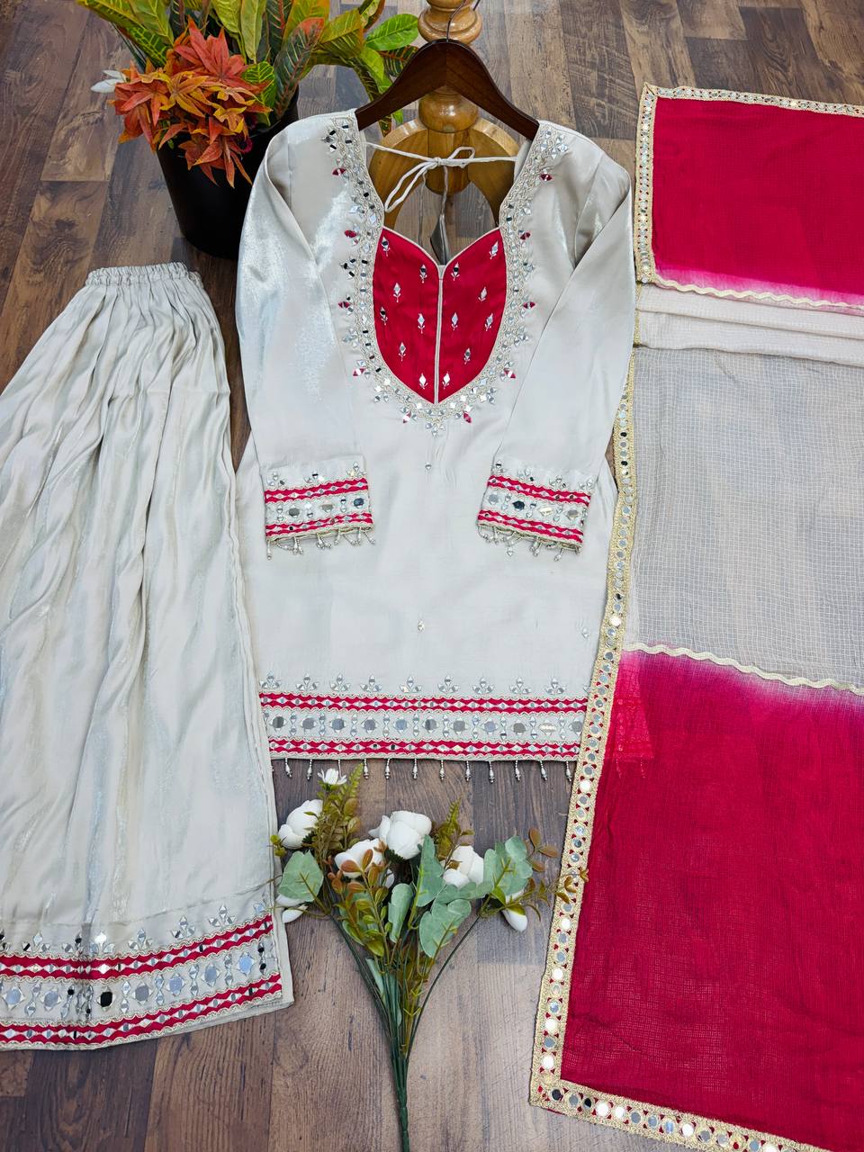 Ivory & Rani Pink Embroidered Sharara Suit Set with Statement Yoke, Intricate Mirror Work, Embellished Borders & Ombre Dupatta