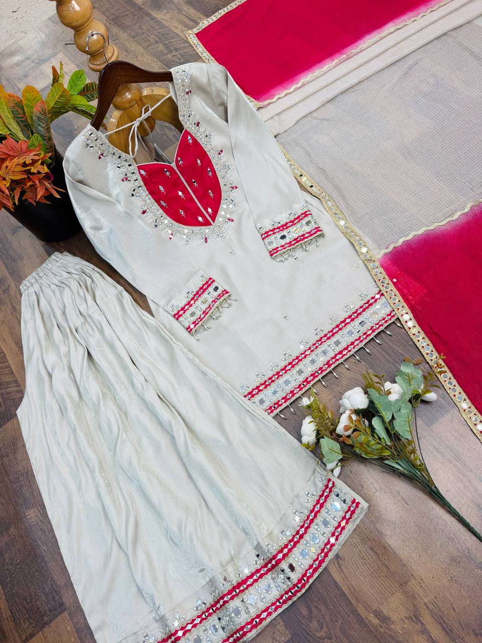 Ivory & Rani Pink Embroidered Sharara Suit Set with Statement Yoke, Intricate Mirror Work, Embellished Borders & Ombre Dupatta