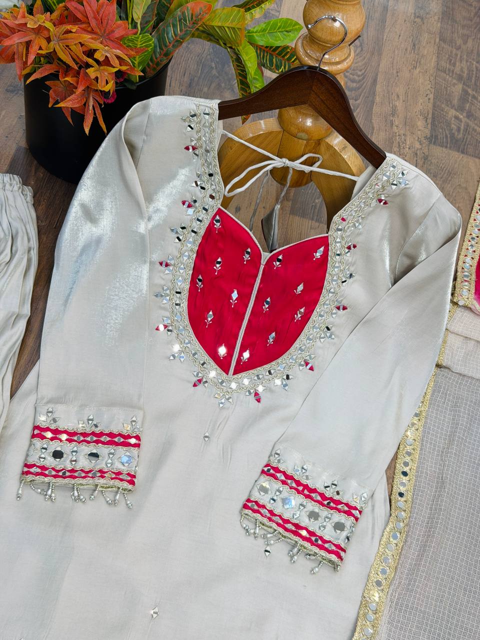 Ivory & Rani Pink Embroidered Sharara Suit Set with Statement Yoke, Intricate Mirror Work, Embellished Borders & Ombre Dupatta