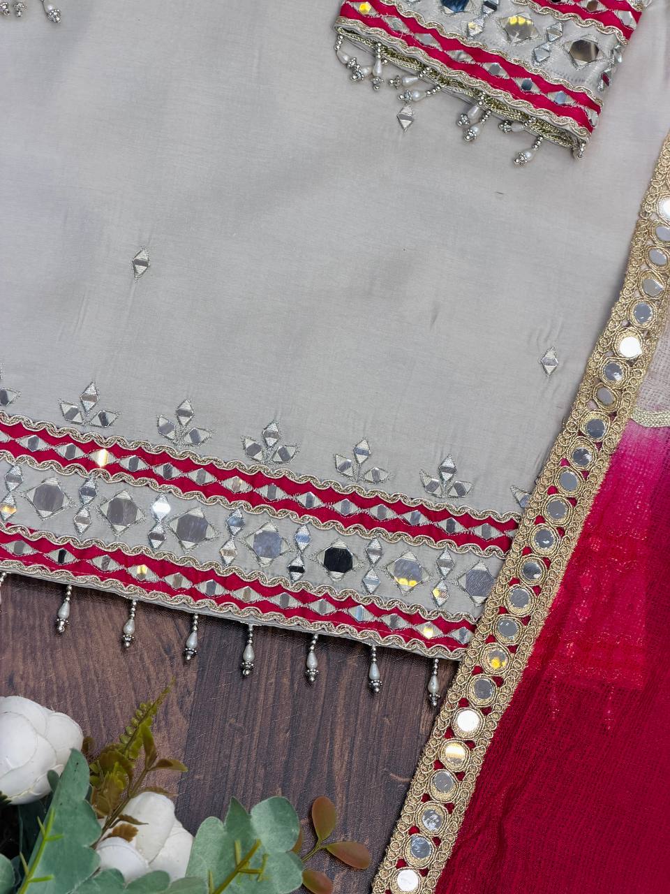 Ivory & Rani Pink Embroidered Sharara Suit Set with Statement Yoke, Intricate Mirror Work, Embellished Borders & Ombre Dupatta