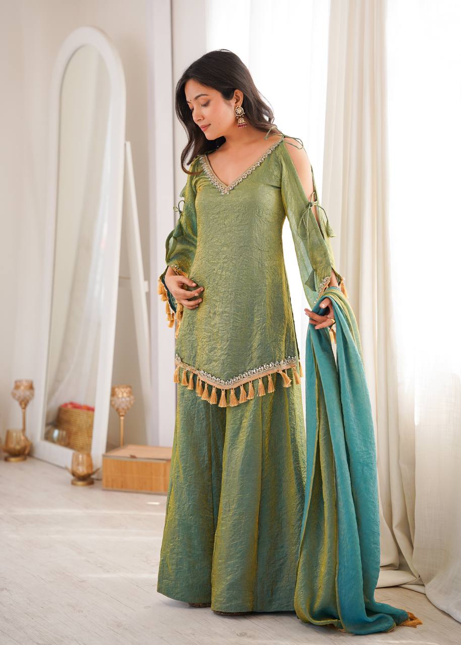 Graceful Sage Green Kurti Sharara Set with Golden Tassels and Designer Lace