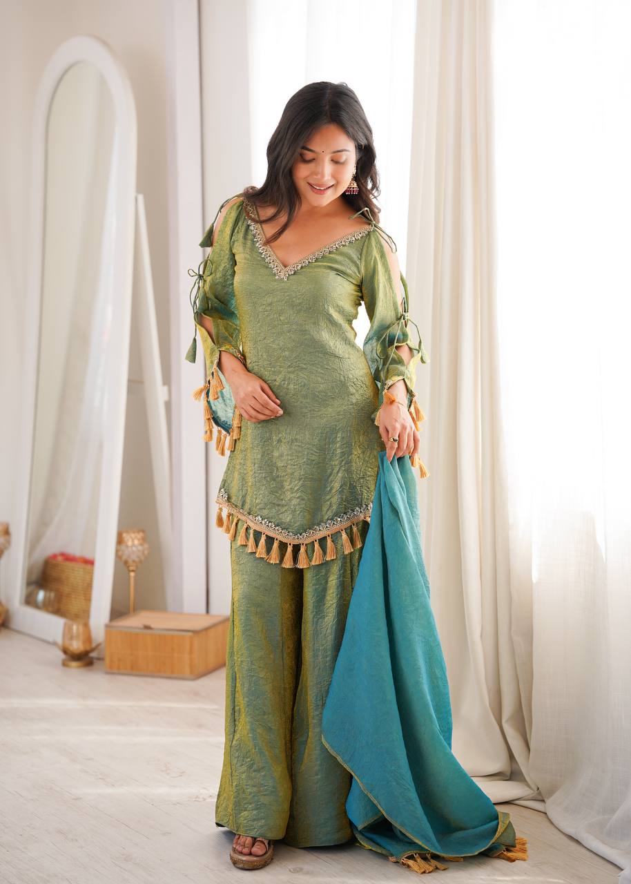 Graceful Sage Green Kurti Sharara Set with Golden Tassels and Designer Lace